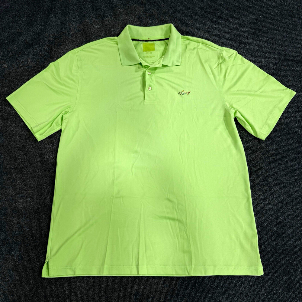 Greg Norman Mens Large Green Golf Polo Shirt Play Dry Shark Logo Performance